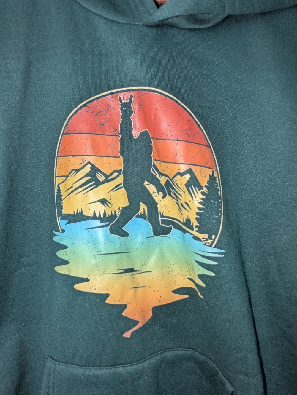 Bigfoot Rock On Retro Sunset Graphic Fleece Pullover Hoodie Green Size Large
